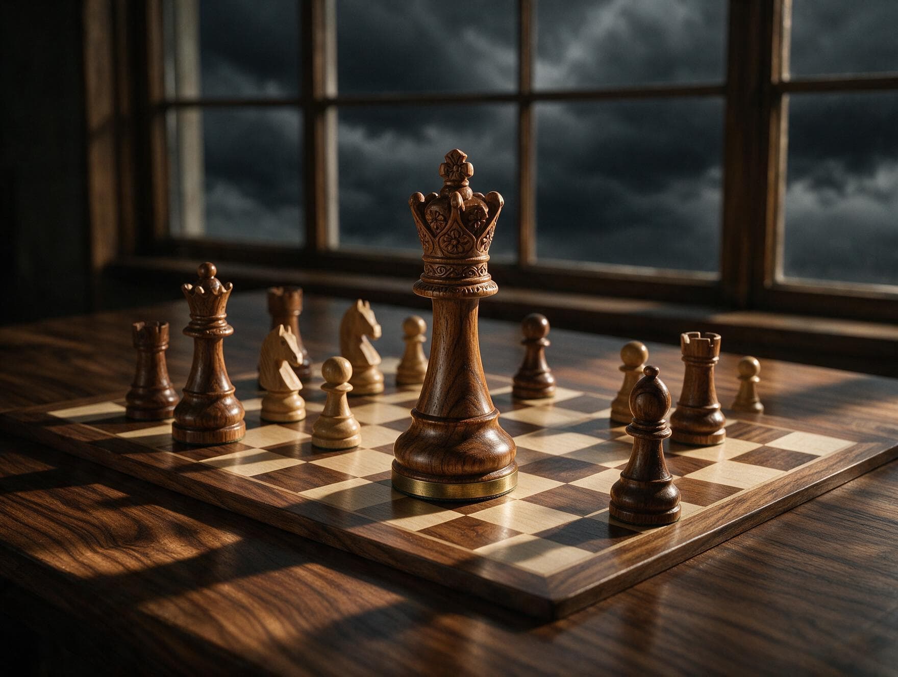 A chess king standing alone on a board in dramatic light