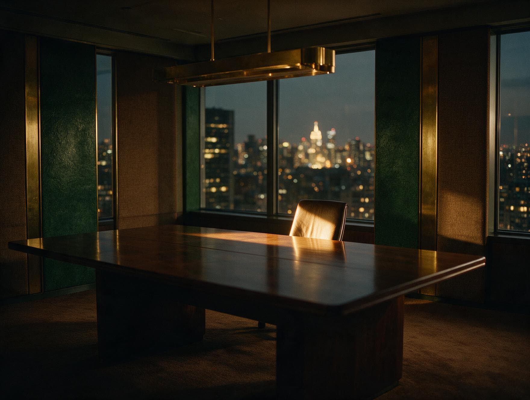 An empty boardroom at dusk overlooking a city skyline