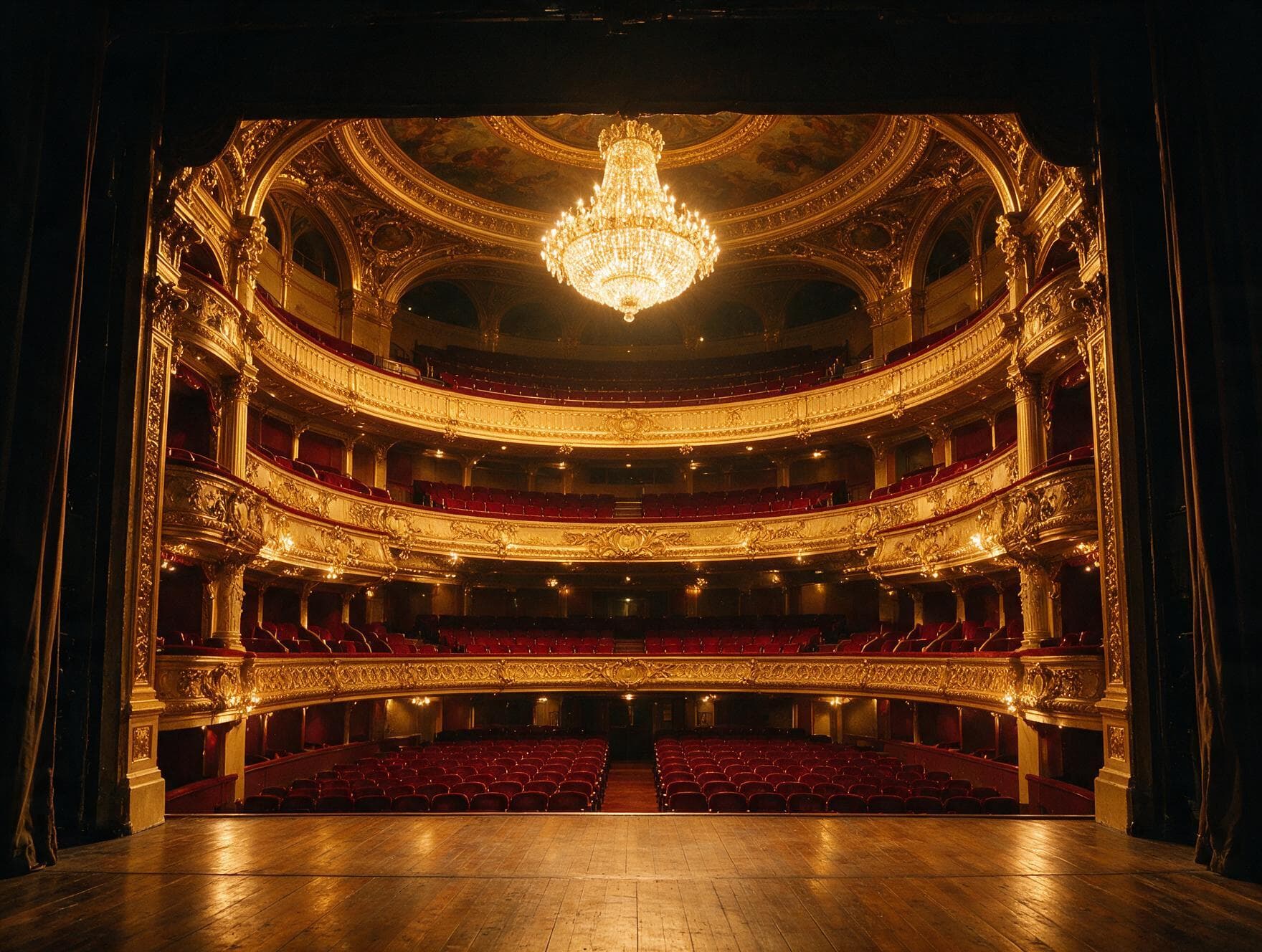 The gilded interior of an opera house beneath a crystal chandelier