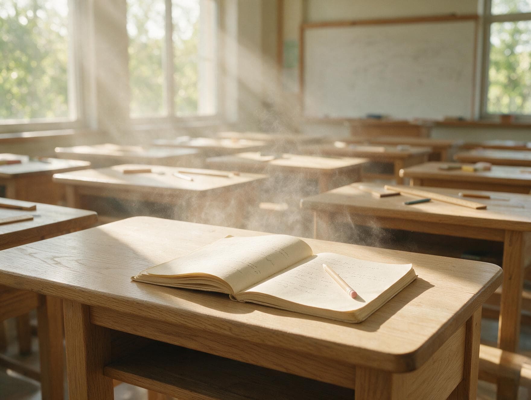 A sunlit classroom desk with an open notebook and pen