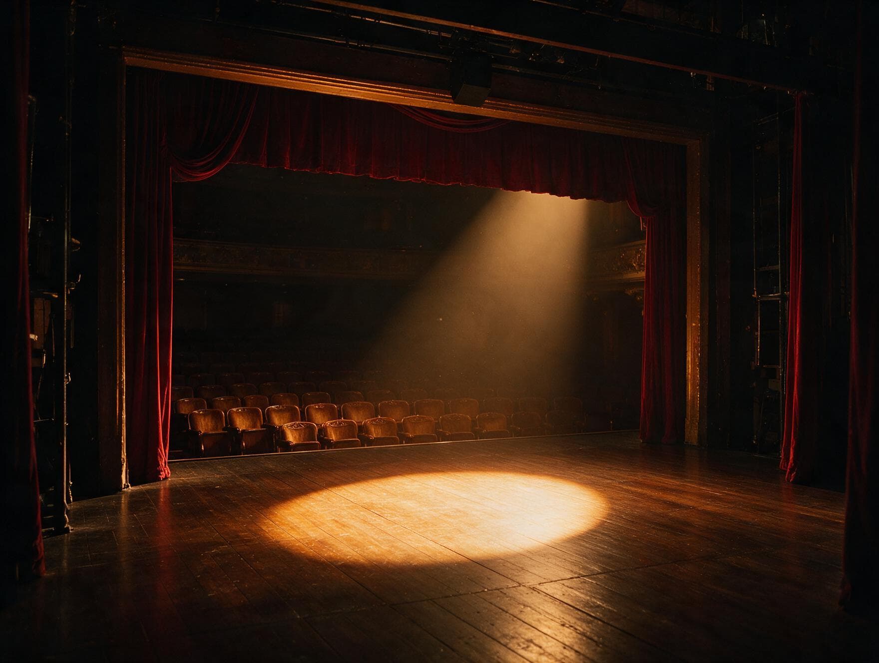 A single spotlight falling on an empty theater stage