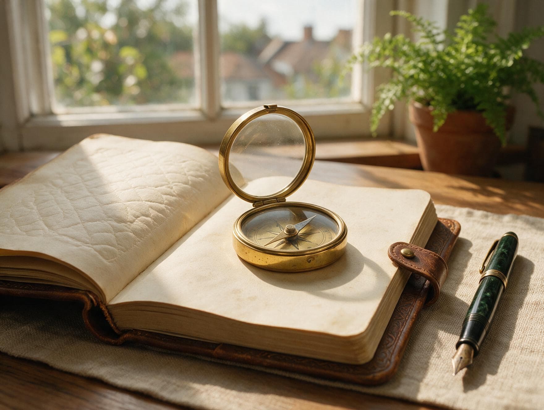 A brass compass resting on a worn leather journal